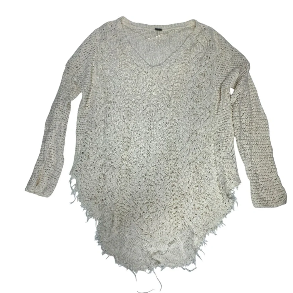 Free People Cream Long Sleeve V-Neck Distressed Hem Pullover Sweater Size S